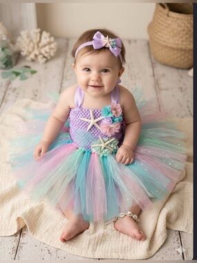 Baby Girls Lavender Mermaid Tulle Tutu Dress with Starfish Accents